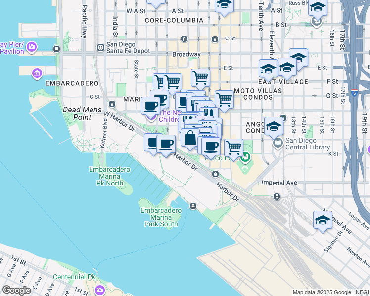 map of restaurants, bars, coffee shops, grocery stores, and more near 413 Third Avenue in San Diego
