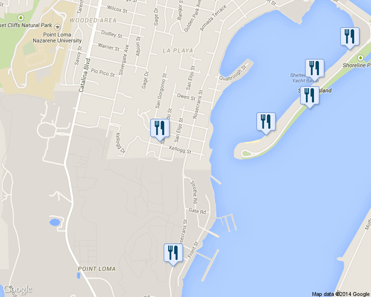 map of restaurants, bars, coffee shops, grocery stores, and more near 365 Rosecrans Street in San Diego