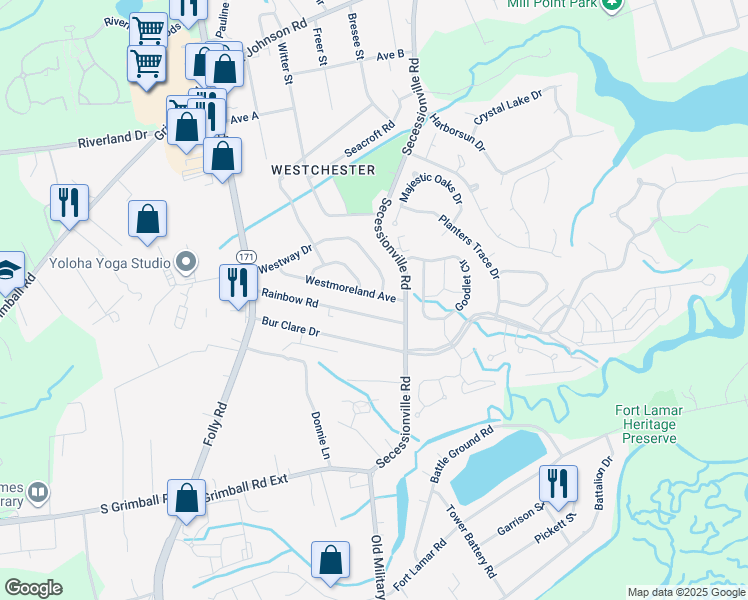 map of restaurants, bars, coffee shops, grocery stores, and more near 1423 Westmoreland Avenue in Charleston