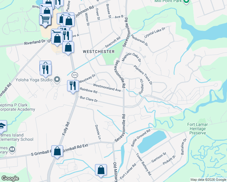 map of restaurants, bars, coffee shops, grocery stores, and more near 1423 Westmoreland Avenue in Charleston