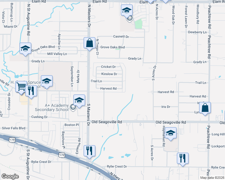 map of restaurants, bars, coffee shops, grocery stores, and more near 10426 Harvest Road in Dallas