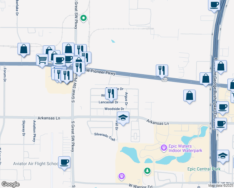 map of restaurants, bars, coffee shops, grocery stores, and more near 2322 Wilmer Drive in Grand Prairie