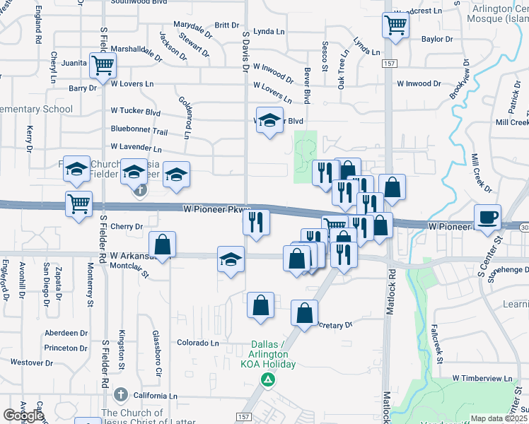 map of restaurants, bars, coffee shops, grocery stores, and more near 1162 West Pioneer Parkway in Arlington