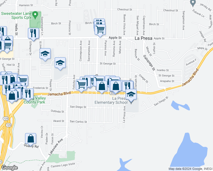 map of restaurants, bars, coffee shops, grocery stores, and more near 636 Ramona Avenue in Spring Valley