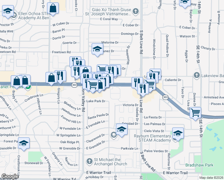 map of restaurants, bars, coffee shops, grocery stores, and more near 433 East Pioneer Parkway in Grand Prairie