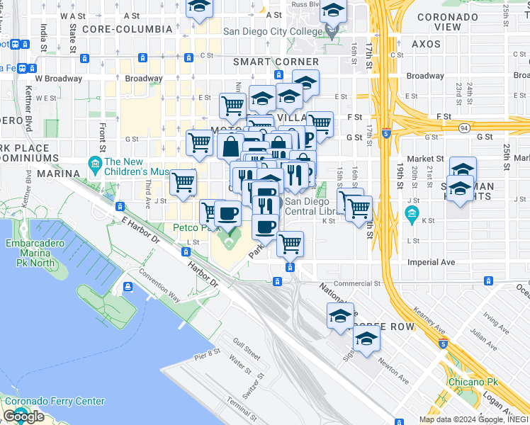 map of restaurants, bars, coffee shops, grocery stores, and more near 330 Park Boulevard in San Diego