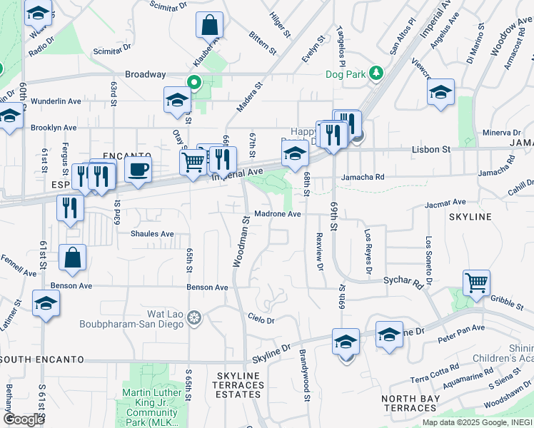 map of restaurants, bars, coffee shops, grocery stores, and more near Madrone Avenue in San Diego