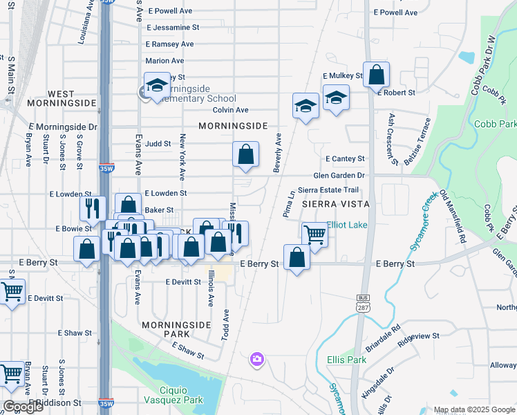 map of restaurants, bars, coffee shops, grocery stores, and more near 1228 Lowden Circle in Fort Worth