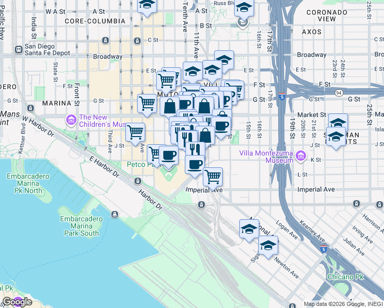 map of restaurants, bars, coffee shops, grocery stores, and more near 330 Park Boulevard in San Diego