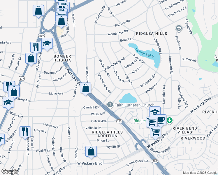map of restaurants, bars, coffee shops, grocery stores, and more near 4128 West Clayton Road in Fort Worth