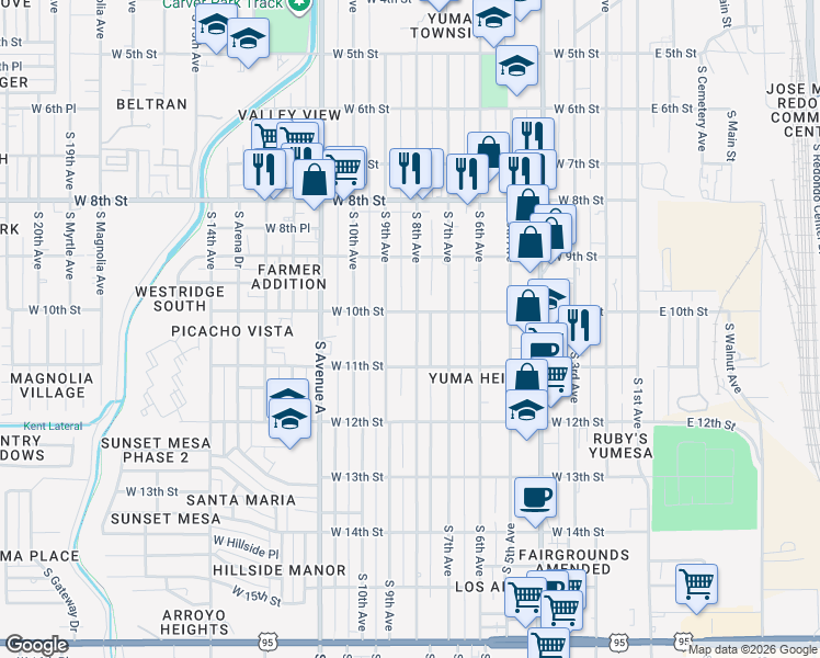 map of restaurants, bars, coffee shops, grocery stores, and more near 1006 South 8th Avenue in Yuma
