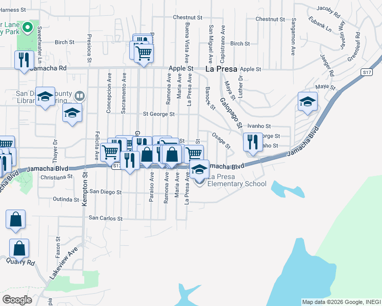 map of restaurants, bars, coffee shops, grocery stores, and more near 637 La Presa Avenue in Spring Valley