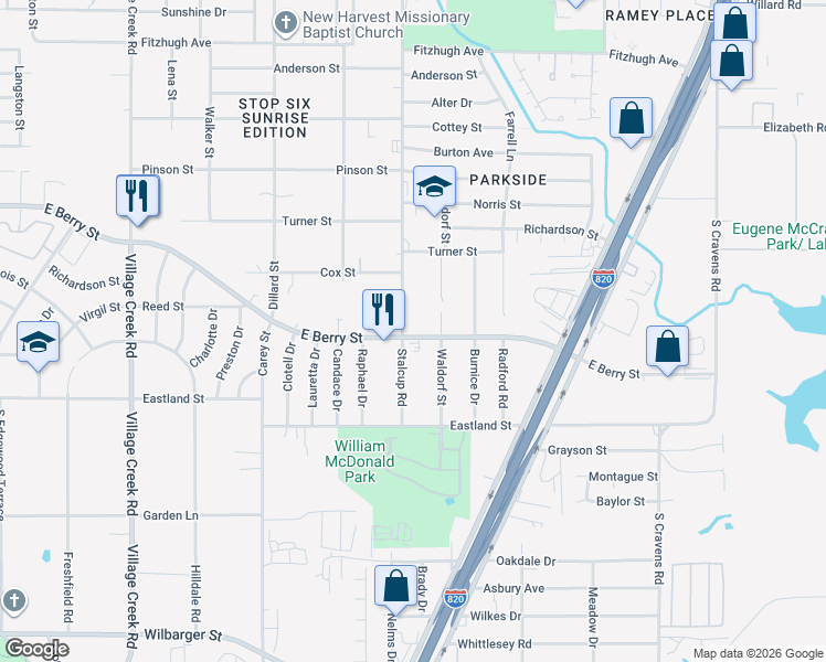 map of restaurants, bars, coffee shops, grocery stores, and more near 3767 Stalcup Road in Fort Worth