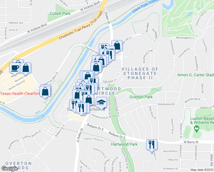 map of restaurants, bars, coffee shops, grocery stores, and more near 4308 Hartwood Circle in Fort Worth