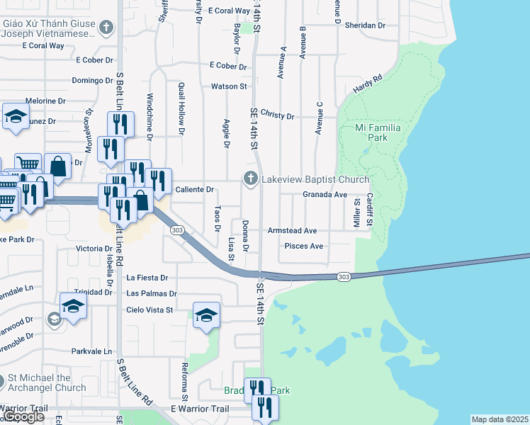 map of restaurants, bars, coffee shops, grocery stores, and more near 2442 Southeast 14th Street in Grand Prairie
