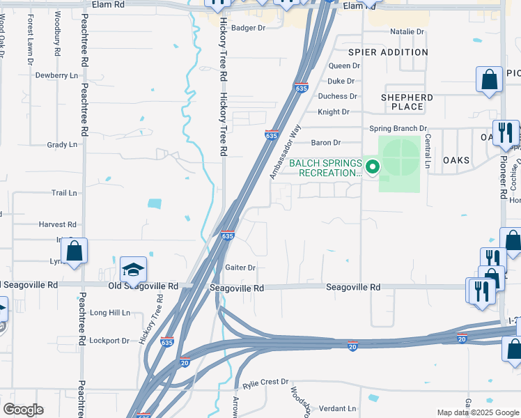 map of restaurants, bars, coffee shops, grocery stores, and more near 4412 Ambassador Way in Balch Springs