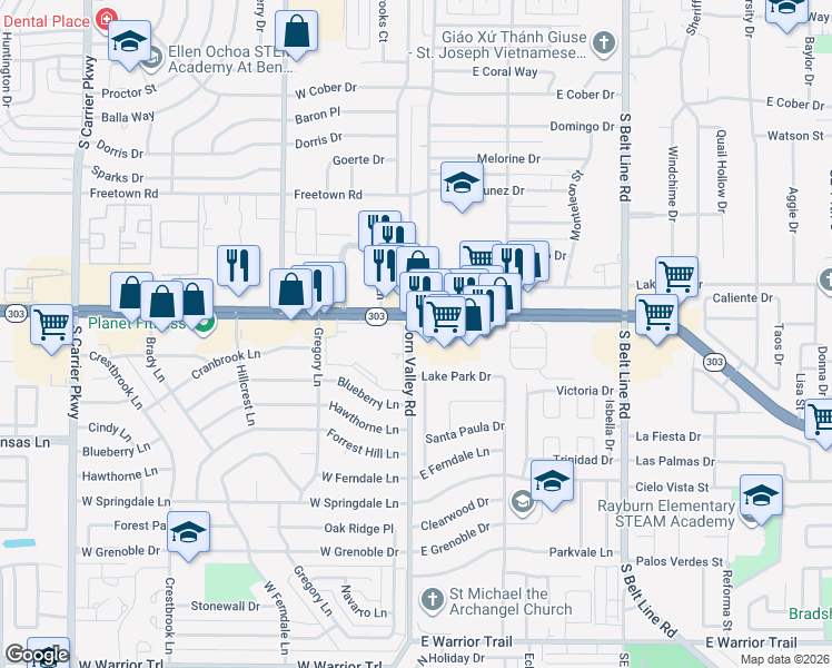 map of restaurants, bars, coffee shops, grocery stores, and more near 185 East Pioneer Parkway in Grand Prairie