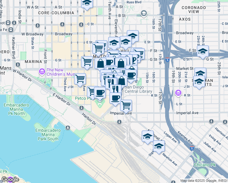 map of restaurants, bars, coffee shops, grocery stores, and more near 350 Eleventh Avenue in San Diego