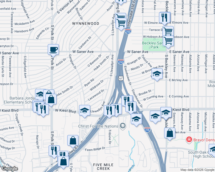 map of restaurants, bars, coffee shops, grocery stores, and more near 536 Wildrose Drive in Dallas