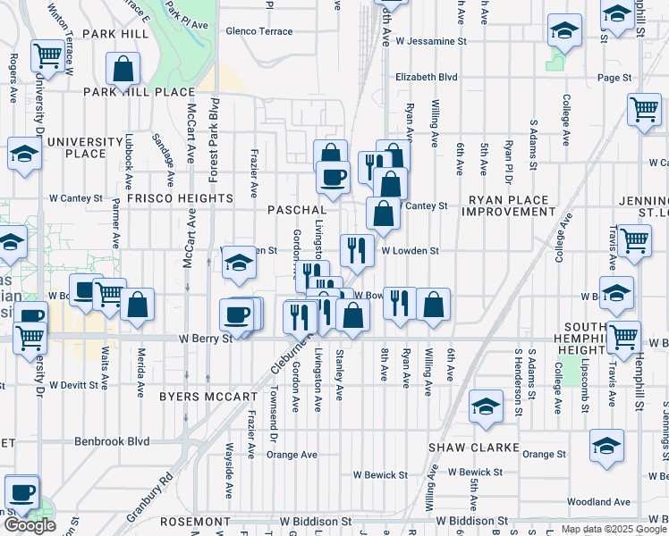 map of restaurants, bars, coffee shops, grocery stores, and more near 2913 Livingston Avenue in Fort Worth