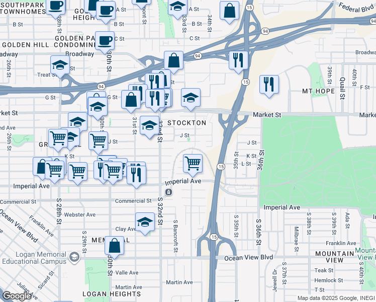 map of restaurants, bars, coffee shops, grocery stores, and more near 3284 K Street in San Diego