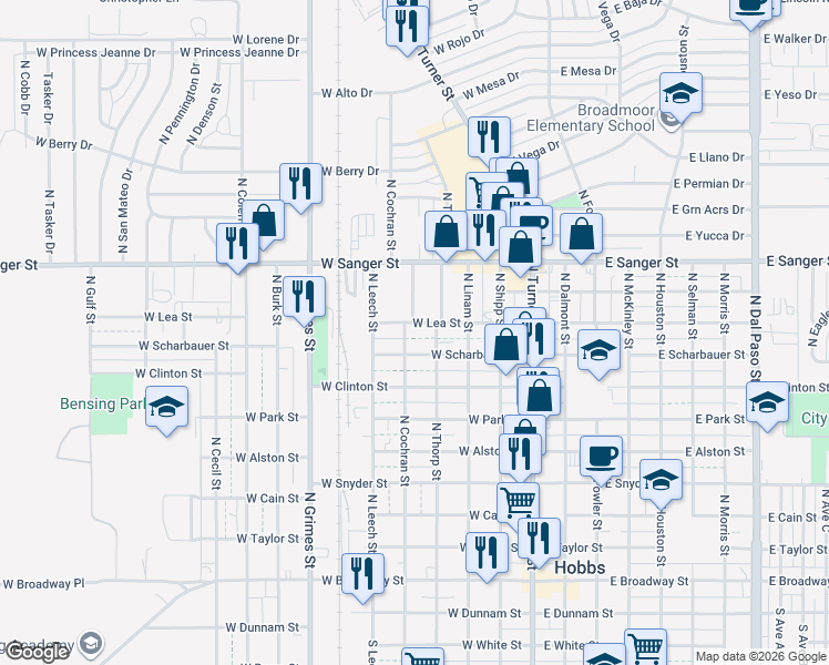 map of restaurants, bars, coffee shops, grocery stores, and more near 503 West Lea Street in Hobbs