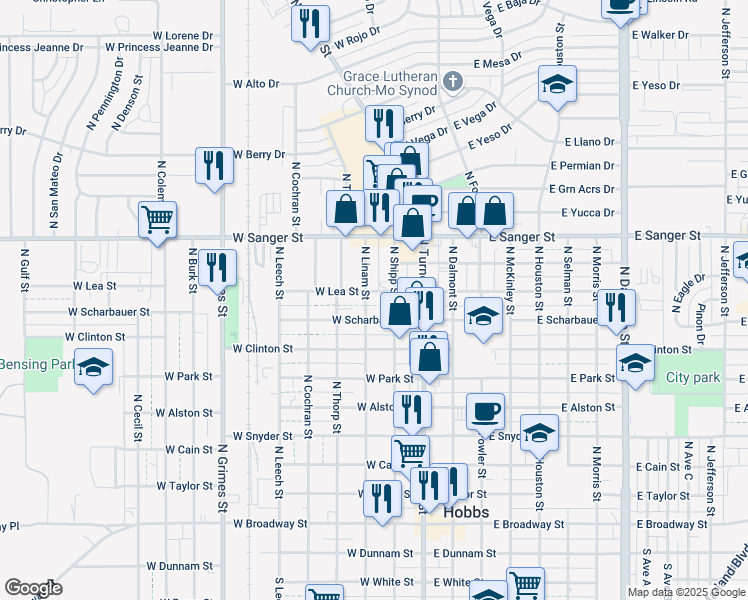 map of restaurants, bars, coffee shops, grocery stores, and more near 215 West Lea Street in Hobbs