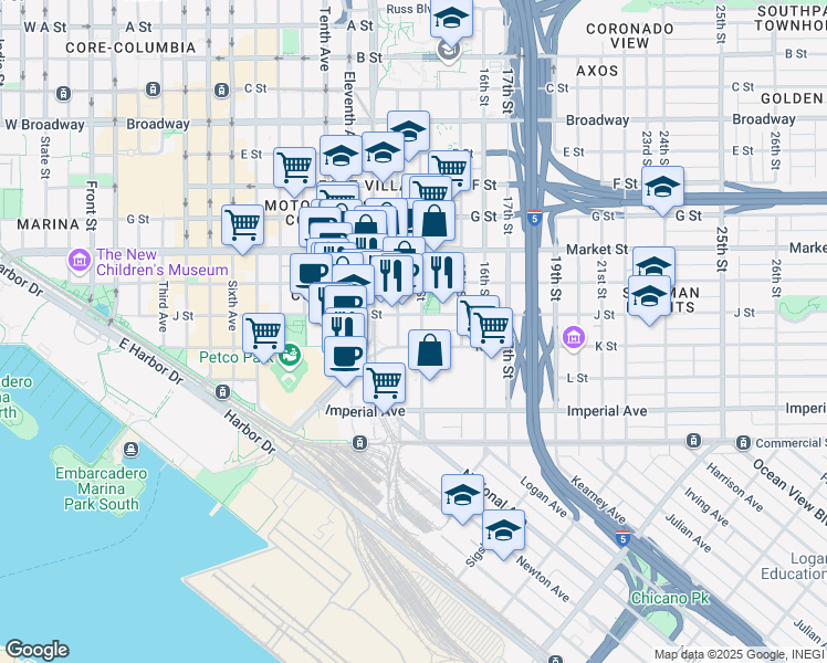 map of restaurants, bars, coffee shops, grocery stores, and more near 340 14th Street in San Diego