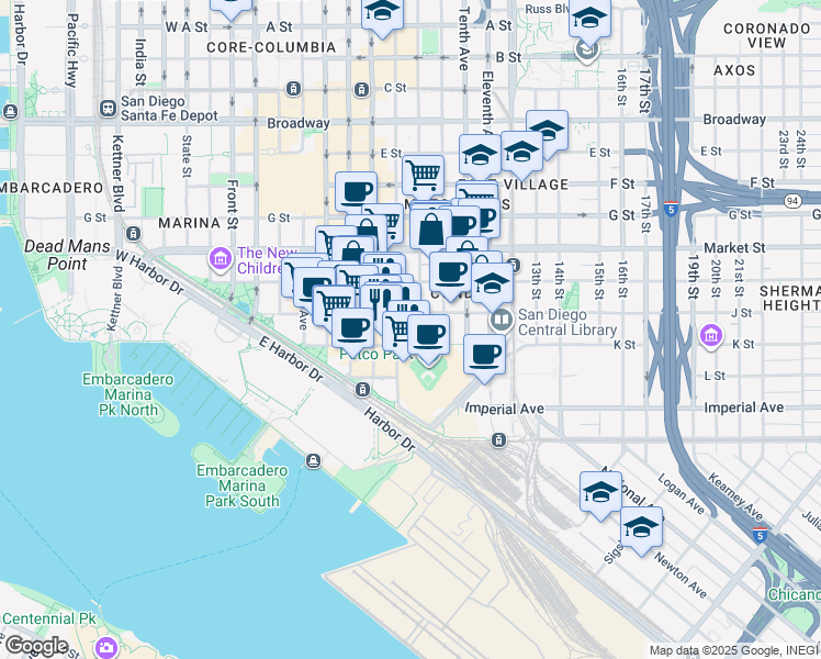 map of restaurants, bars, coffee shops, grocery stores, and more near 325 Seventh Avenue in San Diego