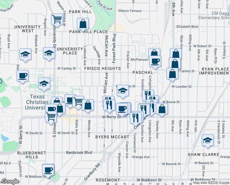 map of restaurants, bars, coffee shops, grocery stores, and more near 2911 Forest Park Boulevard in Fort Worth