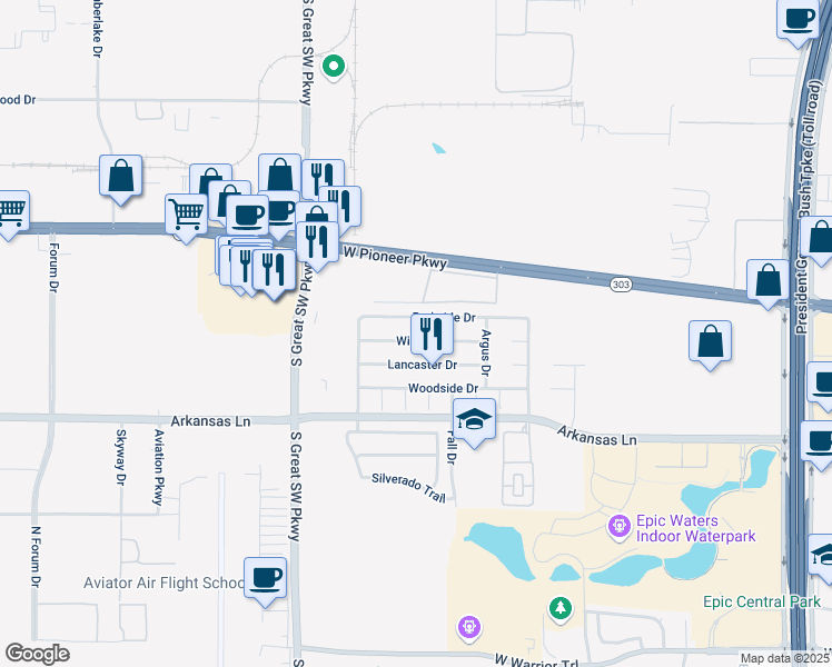 map of restaurants, bars, coffee shops, grocery stores, and more near 2406 Wilmer Drive in Grand Prairie
