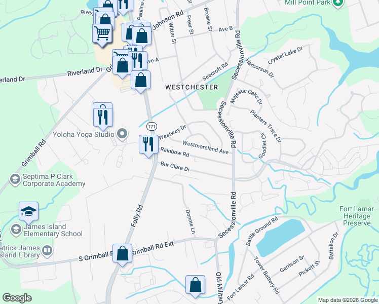 map of restaurants, bars, coffee shops, grocery stores, and more near 1525 Westmoreland Avenue in Charleston