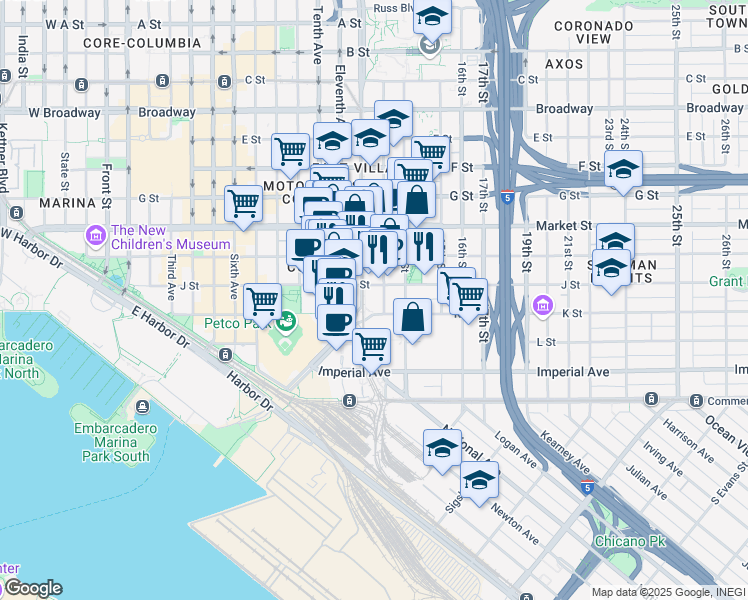 map of restaurants, bars, coffee shops, grocery stores, and more near 342-398 13th Street in San Diego