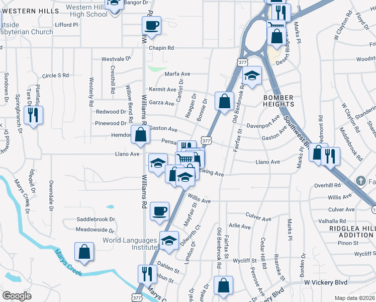 map of restaurants, bars, coffee shops, grocery stores, and more near 4301 Bonnie Drive in Fort Worth