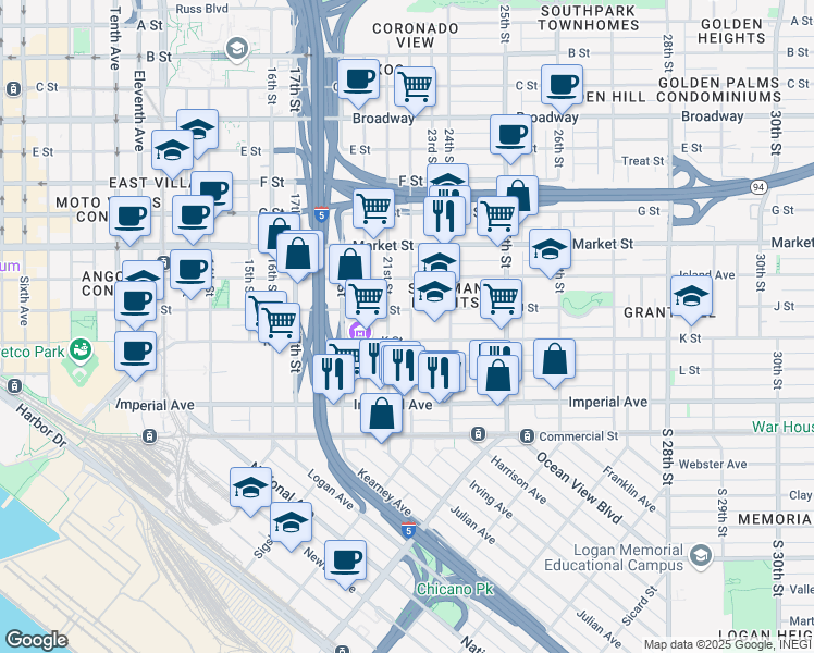 map of restaurants, bars, coffee shops, grocery stores, and more near 334 22nd Street in San Diego