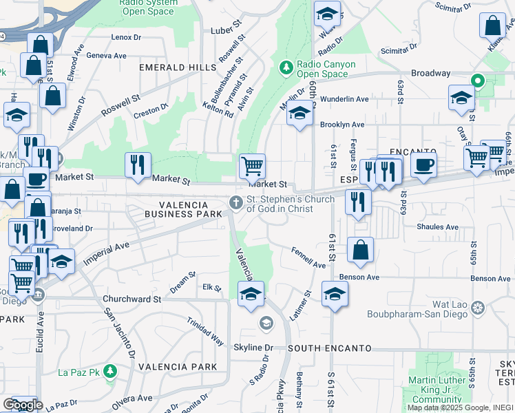 map of restaurants, bars, coffee shops, grocery stores, and more near 5889 Imperial Avenue in San Diego