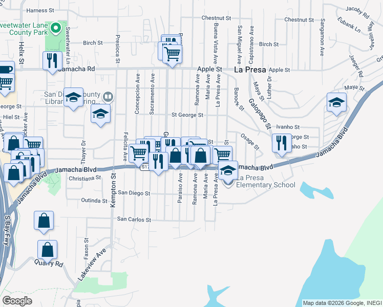 map of restaurants, bars, coffee shops, grocery stores, and more near 636 Ramona Avenue in Spring Valley