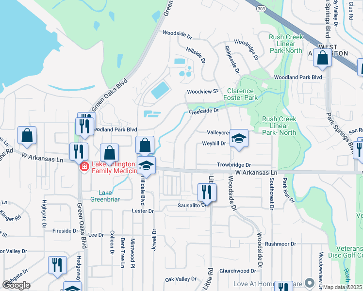 map of restaurants, bars, coffee shops, grocery stores, and more near 2212 Ridgedale Drive in Arlington