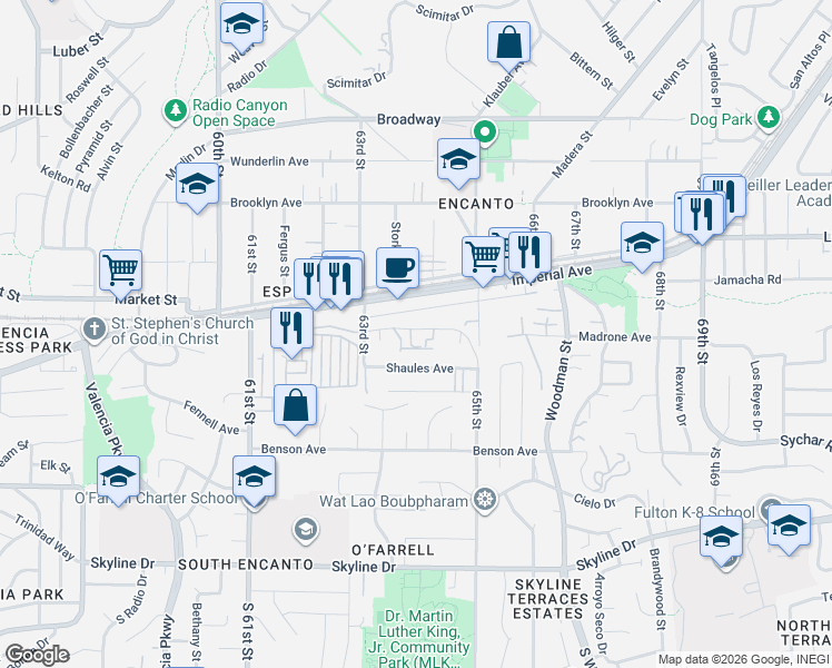 map of restaurants, bars, coffee shops, grocery stores, and more near 6395 Madrone Avenue in San Diego
