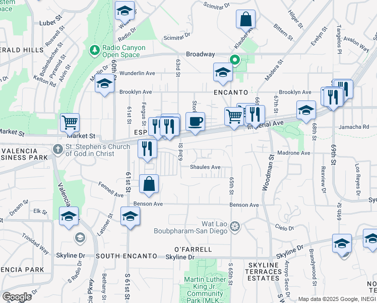map of restaurants, bars, coffee shops, grocery stores, and more near 6329 Madrone Avenue in San Diego
