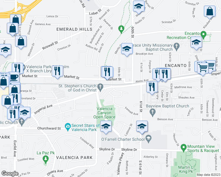 map of restaurants, bars, coffee shops, grocery stores, and more near 5910 Linnet Street in San Diego
