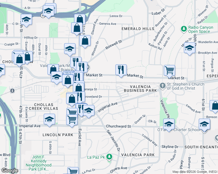map of restaurants, bars, coffee shops, grocery stores, and more near 5266 Naranja Street in San Diego