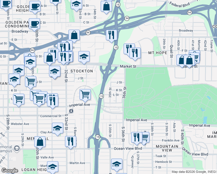 map of restaurants, bars, coffee shops, grocery stores, and more near 315 35th Street in San Diego