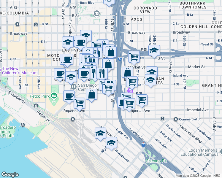 map of restaurants, bars, coffee shops, grocery stores, and more near 349 17th Street in San Diego