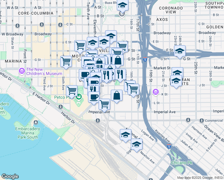 map of restaurants, bars, coffee shops, grocery stores, and more near 342-398 13th Street in San Diego