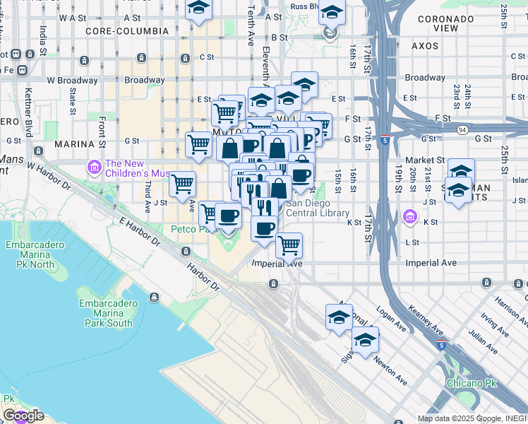 map of restaurants, bars, coffee shops, grocery stores, and more near in San Diego