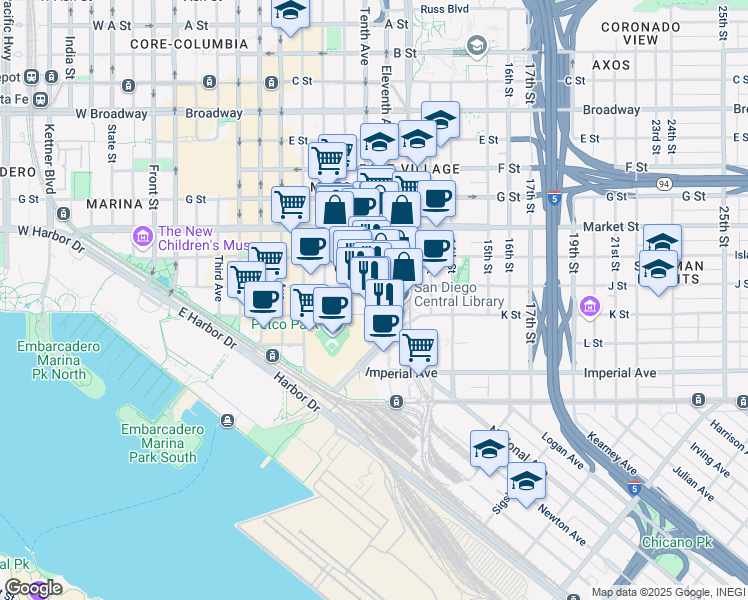 map of restaurants, bars, coffee shops, grocery stores, and more near 321 Tenth Avenue in San Diego