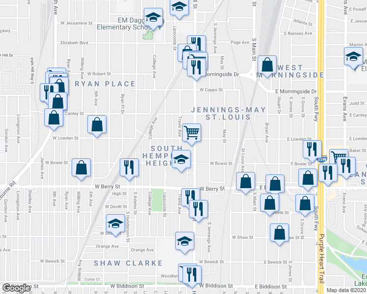 map of restaurants, bars, coffee shops, grocery stores, and more near 701 West Lowden Street in Fort Worth