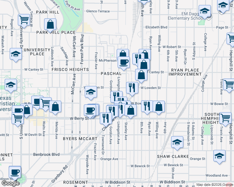 map of restaurants, bars, coffee shops, grocery stores, and more near 2913 Livingston Avenue in Fort Worth
