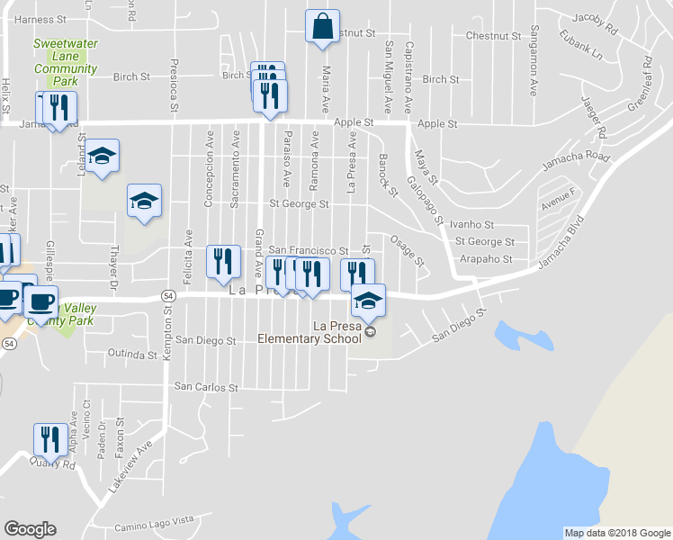 map of restaurants, bars, coffee shops, grocery stores, and more near 639 Maria Avenue in Spring Valley